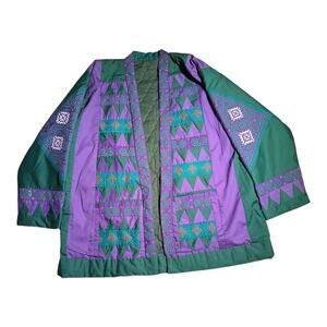 Vtg 1990s Green Purple Handmade Geometric Quilted Open Front Jacket Sz L